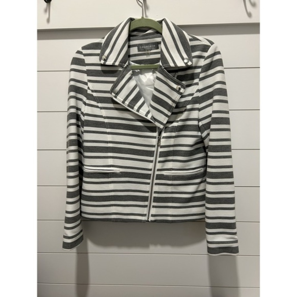 Bagatellle Gray White Stripped Women's Jacket Moto Blazer Dressy Business Sz S